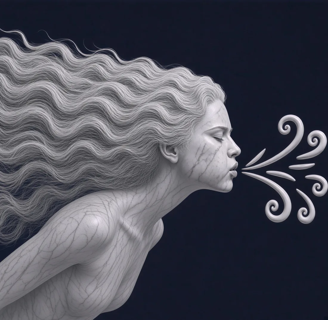 A marble figure breathing out swirls of wind